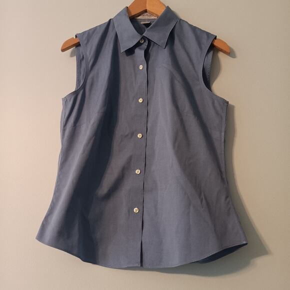 Brooks Brothers Blue Fitted Sleeveless Cotton Button-Up Blouse 8 - Picture 1 of 5